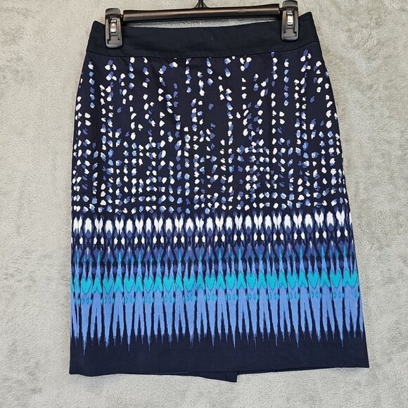 Ann Taylor Printed Pencil Skirt Womens Size 0 Blue Lined Back Slit Office Work - Picture 1 of 9